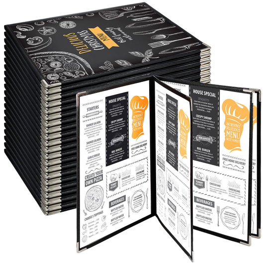 Henoyso 20 Pcs 8.5 x 11 Inch Menu Covers 4 Page 8 View Transparent Restaurant Covers Book Fits A4 Size Paper, Bar Cafe Clear Menu Holder Folder with Leatherette Trim and Decorative Corners, Black