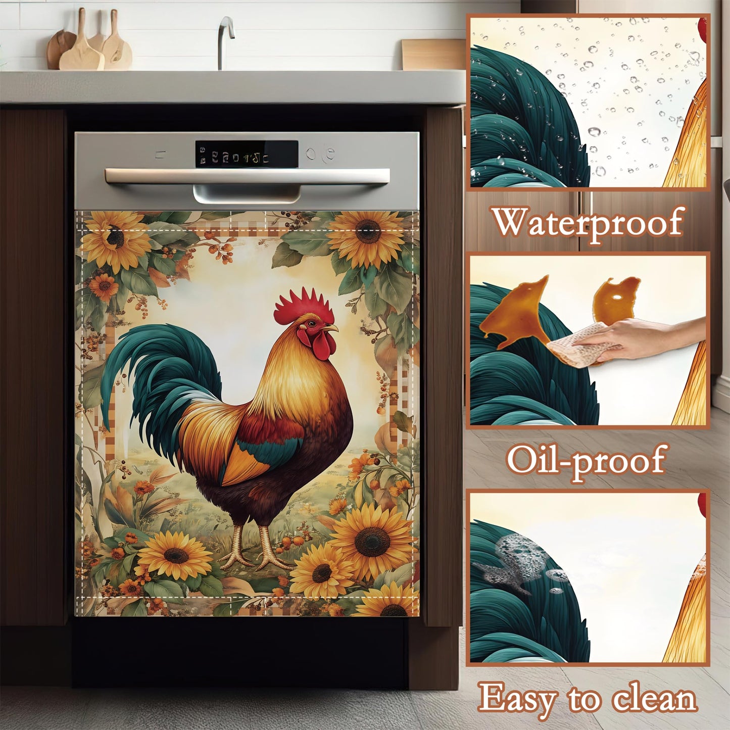Rooster Sunflower Dishwasher Cover Panel Magnetic,Farmhouse Floral Dishwasher Magnet Decorative Cover for Refrigerator Kitchen Home Decor Reusable Waterproof 23x26 Inch