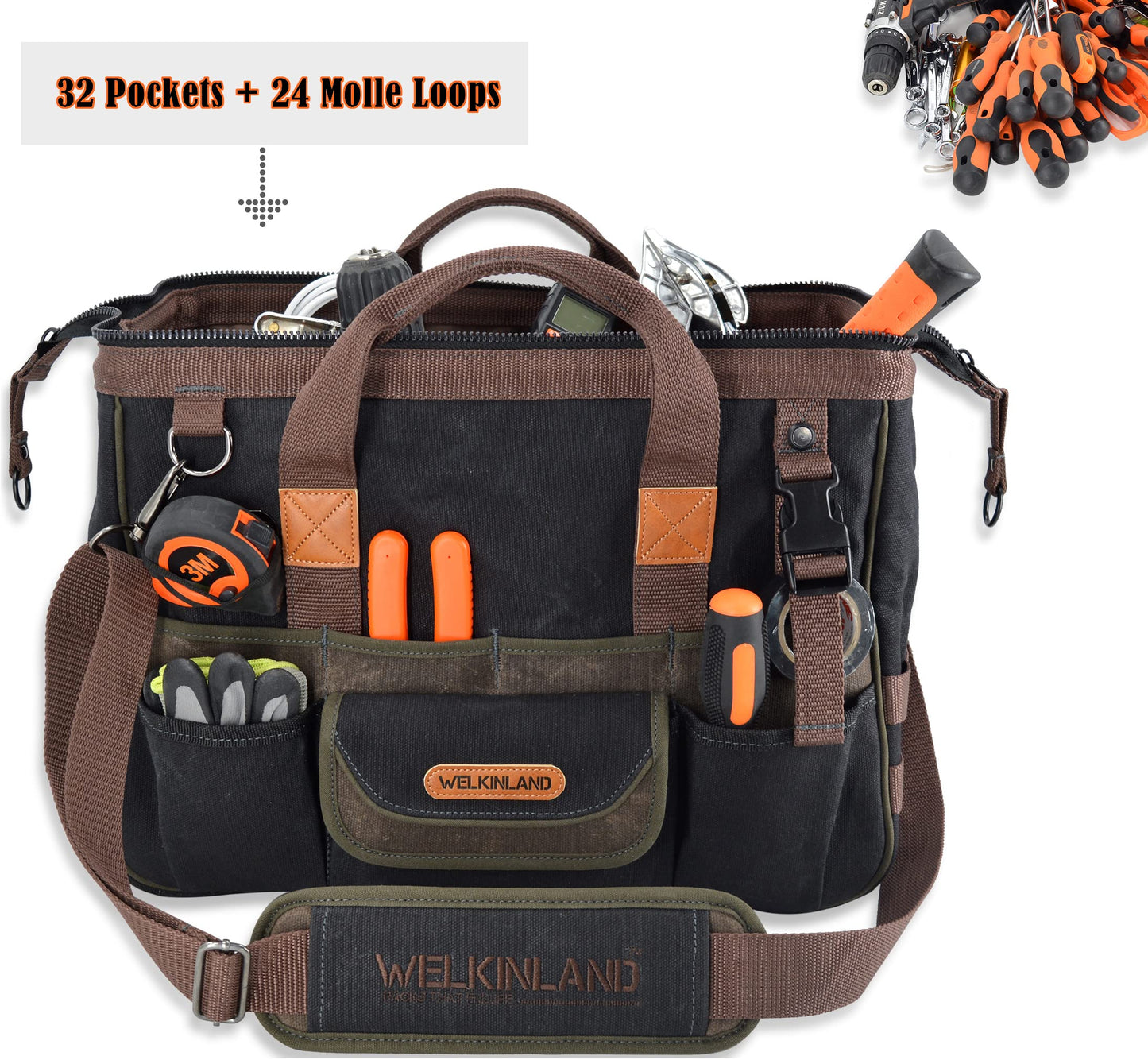 WELKINLAND 32-Pockets Waxed Canvas tool bag, Heavy-Duty Electrician tools bag, HVAC tool bags, Tool bag organizer, 16" Tools bag carrier for men, Tool bags for electricians