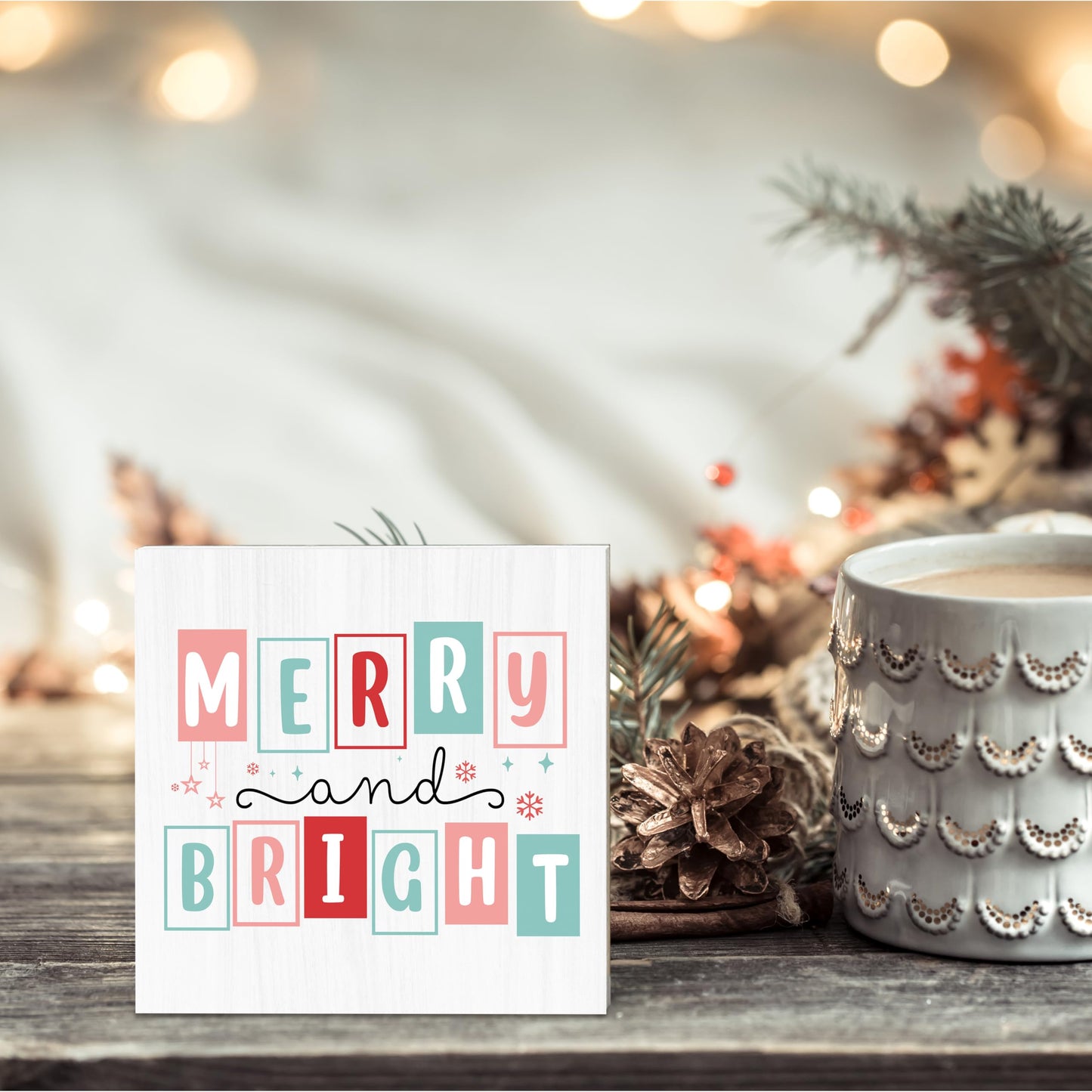 OXRUN Christmas Table Decorations, Merry and Bright Wooden Box Sign Decorative, Xmas Holiday Gifts for Women Men Home Office Shelf Decor 6 x 6 Inches - F09