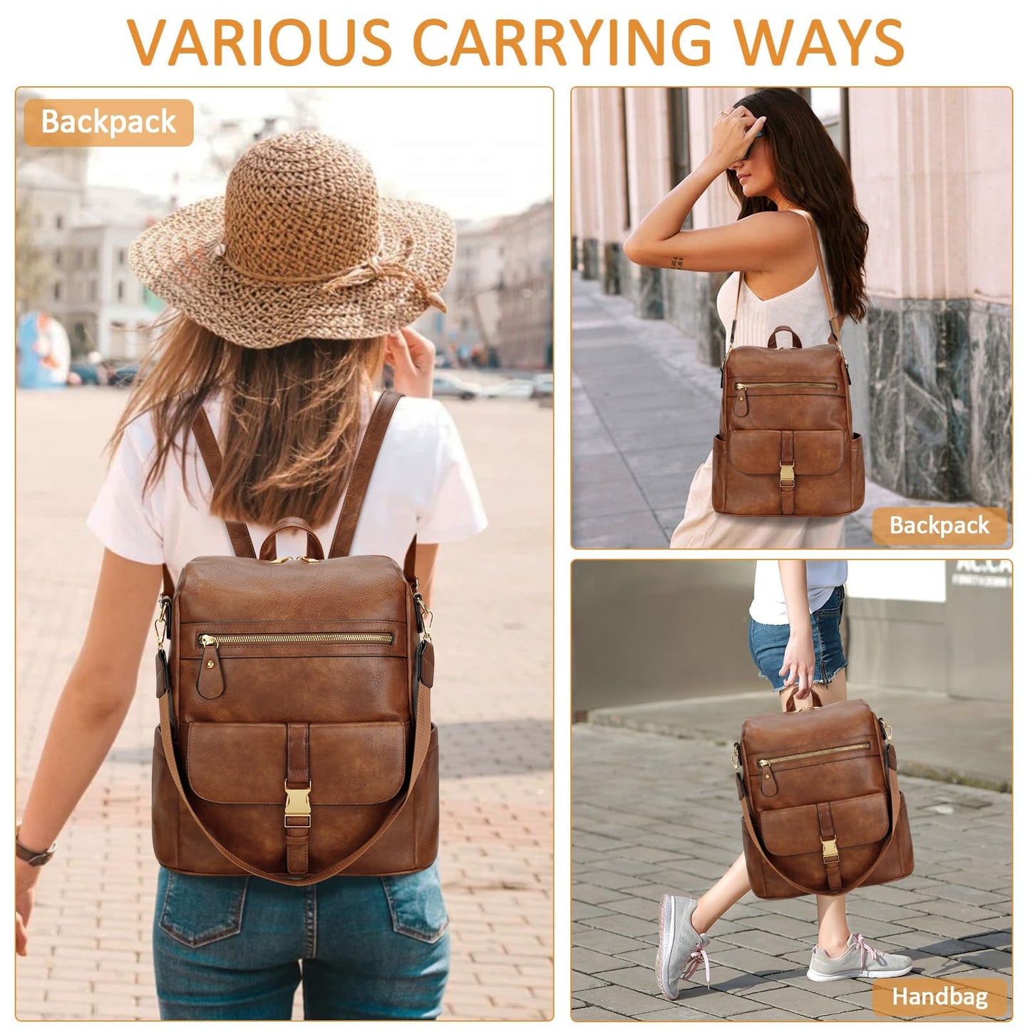 KKXIU Backpack Purse for Women - Multi-pocket Leather backpack for Travel, Work & School with Anti-Theft Lock Pocket, Luggage Strap & Water Bottle Pockets - 13x14x5.2 Inch (B-Brown)