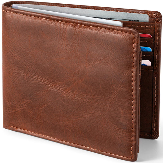 GSOIAX Top Grain Leather Wallet for Men Slim RFID Blocking Premium Crazy Horse Bifold Handcrafted Vintage 11Card Slots 2 ID Windows & 2 Cash Pockets Gift Box Packaging for Him (Brown)