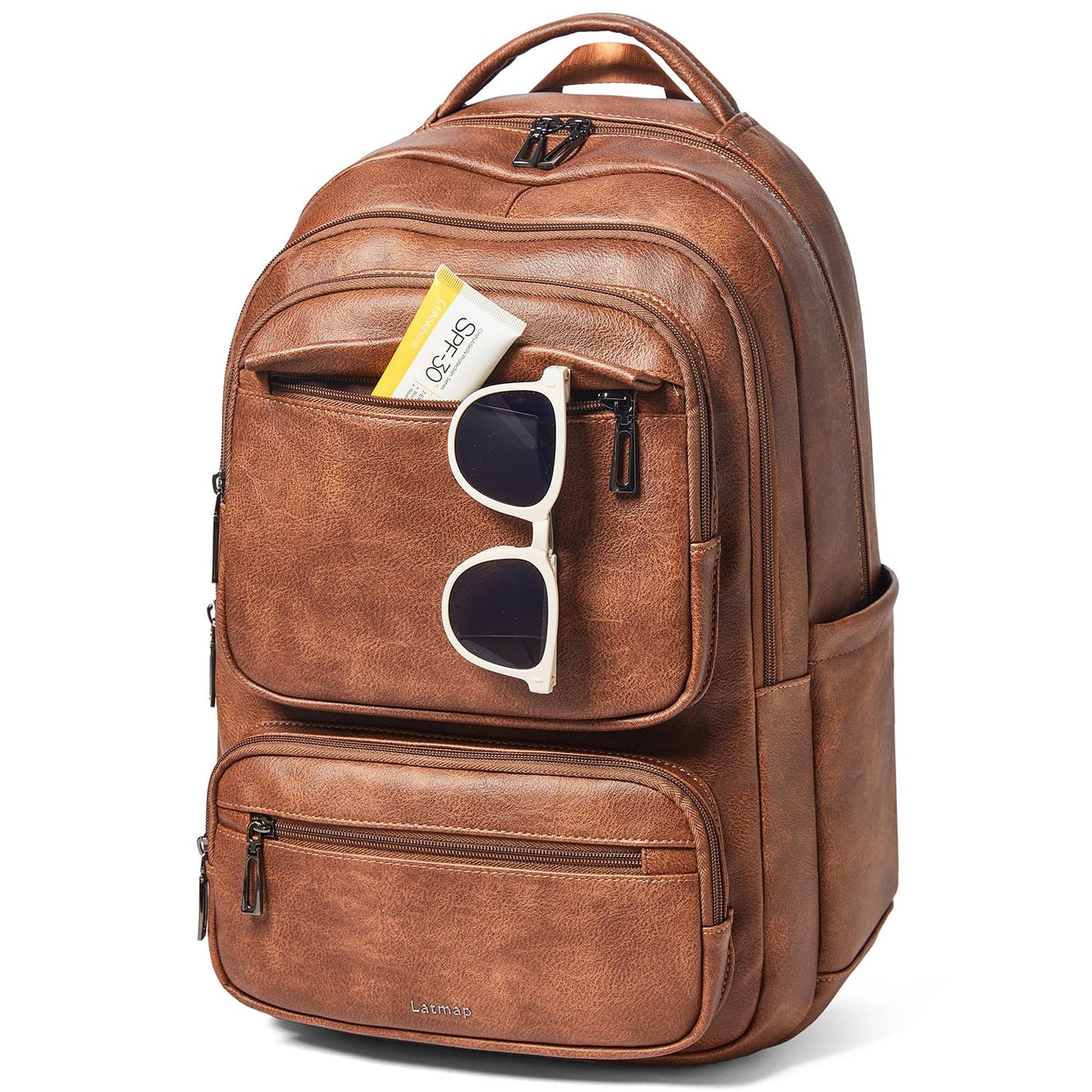 LATMAP 43L Backpack For Women Men Vegan Leather Backpack Purse Shoulder Bookbag 17 16 15.6 Inch Laptop Bag Handbags For Travel Work College Large Brown