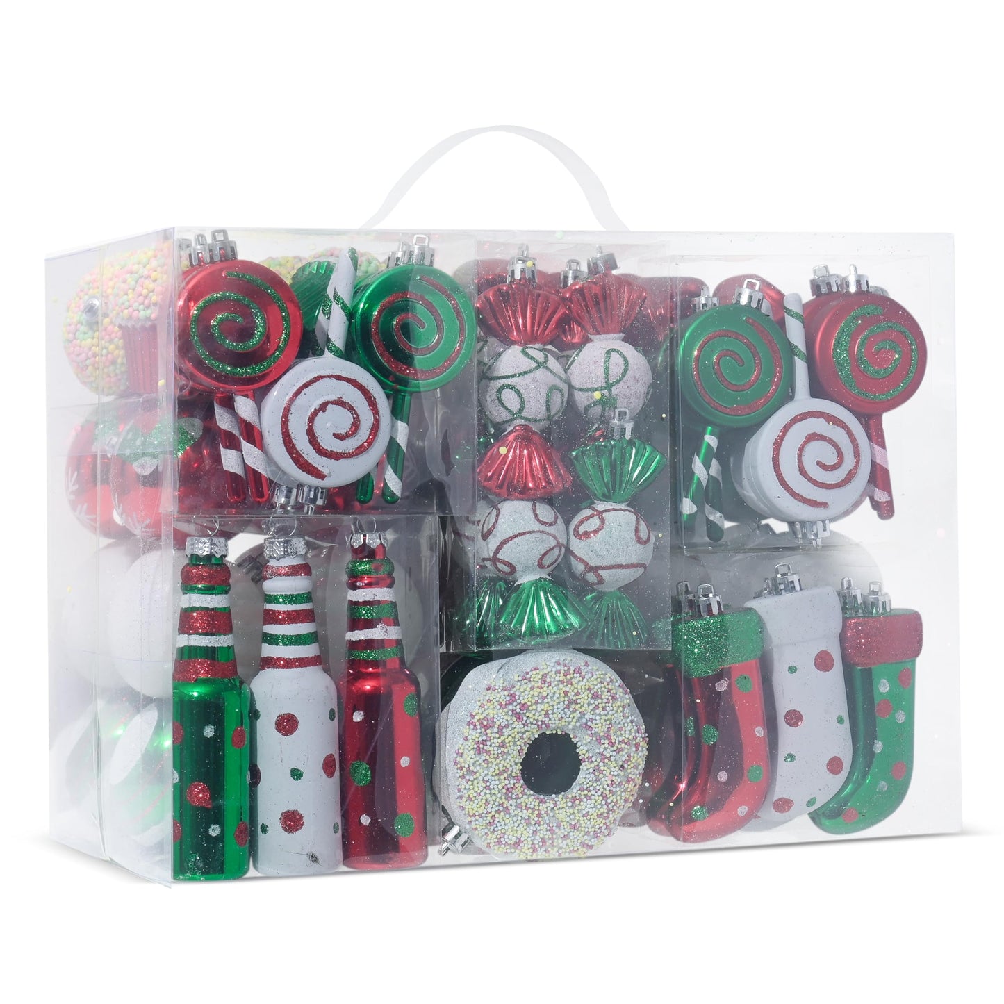 R N' D Toys Candycane Ornament Set – Christmas Candy Cane Shatterproof Balls and Hanging Ornaments for Indoor & Outdoor Christmas Xmas Tree, Holiday Party, Home Décor -82 Piece Set (Red Green & White)