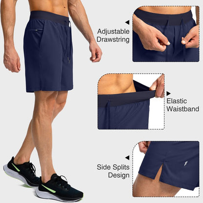 Soothfeel Men's Running Shorts with Zipper Pockets 7 Inch Lightweight Quick Dry Gym Athletic Workout Shorts for Men (Navy, 3XL)