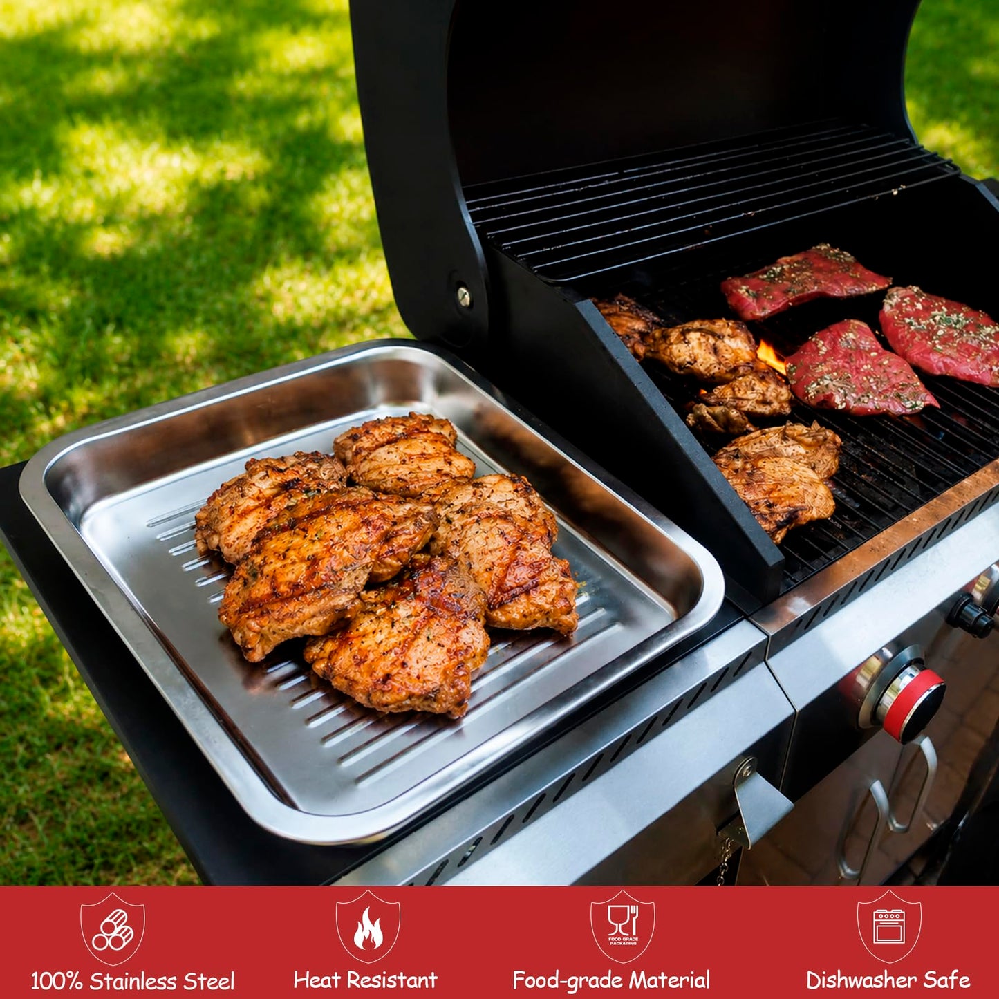 Geesta Grilling Prep and Serve Tays, Stainless Steel Large Capacity Food Prep Tray, Grill Carry System, Marinade Container with Lid and Cutting Board,BBQ Grill Accessories, Grilling Gifts for Men