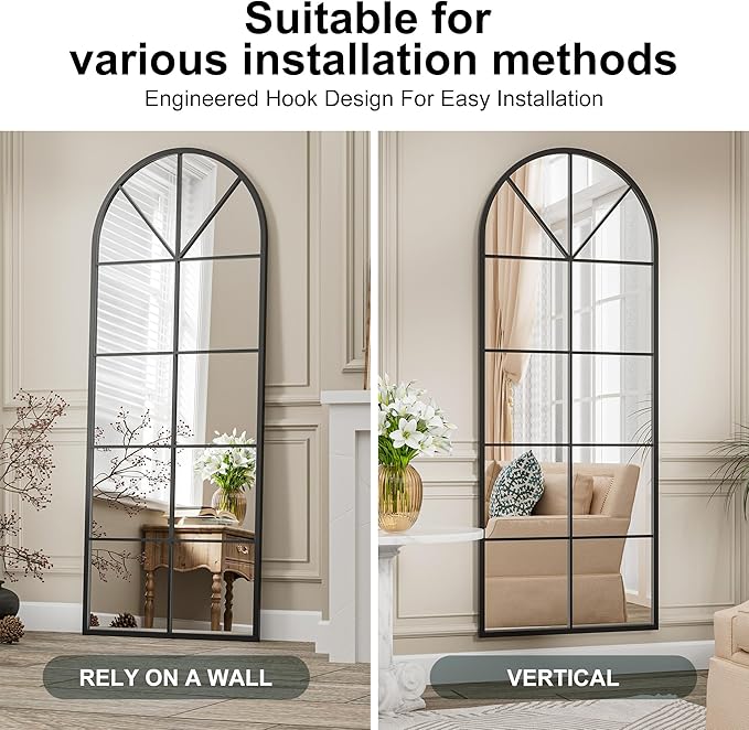 Full Length Mirror, 65"x22" Arched Window Pane Mirrors for Wall Decor, Black Full Body or Wall Mounted Mirrors, Farmhouse Standing Mirror Hanging or Leaning for Living Room, Entryway, No Stand