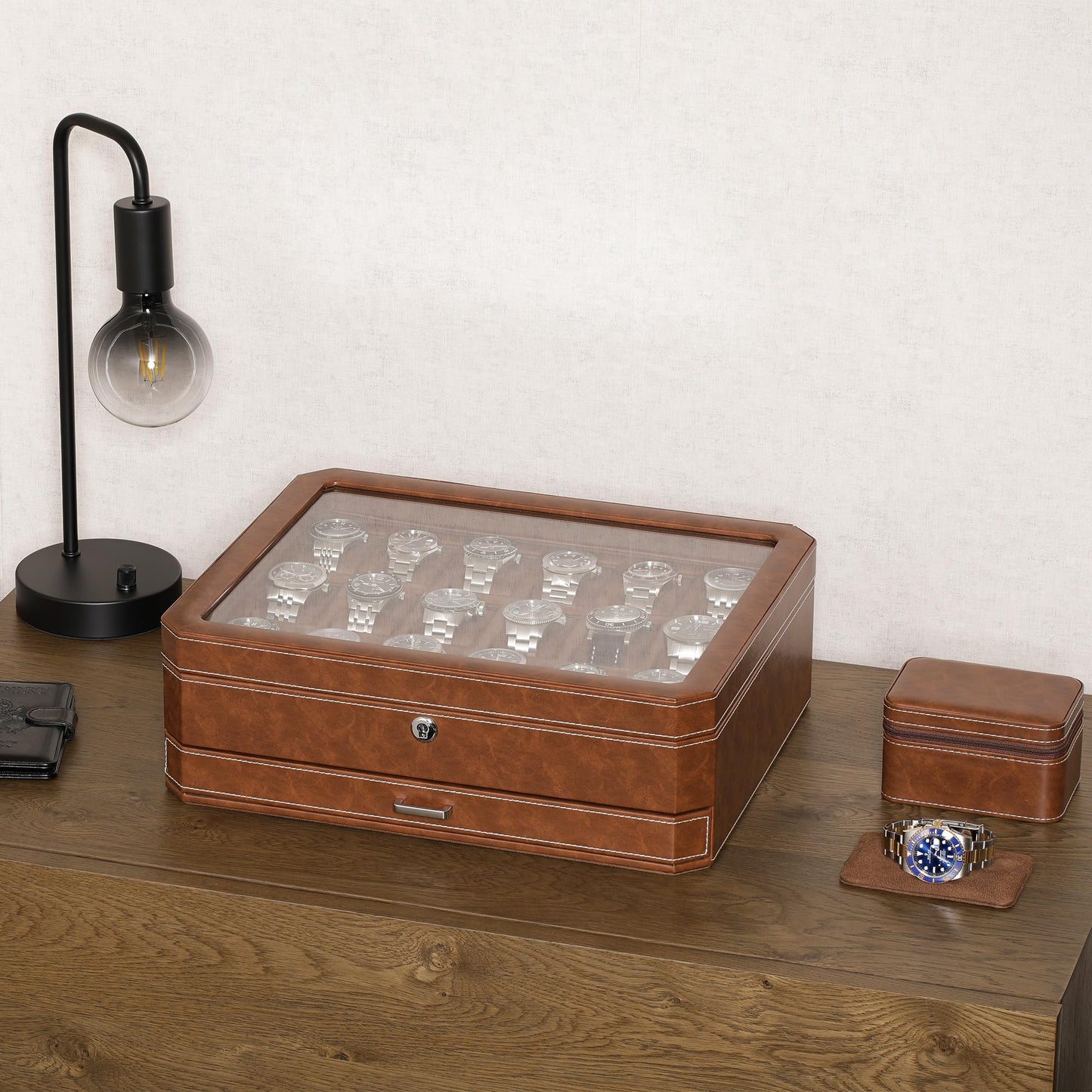 ROTHWELL 18-Slot Watch Case with Drawer – Luxury Watch Box for Men, Real Glass Top, Lockable, Display Case for Collections (Tan/Brown)