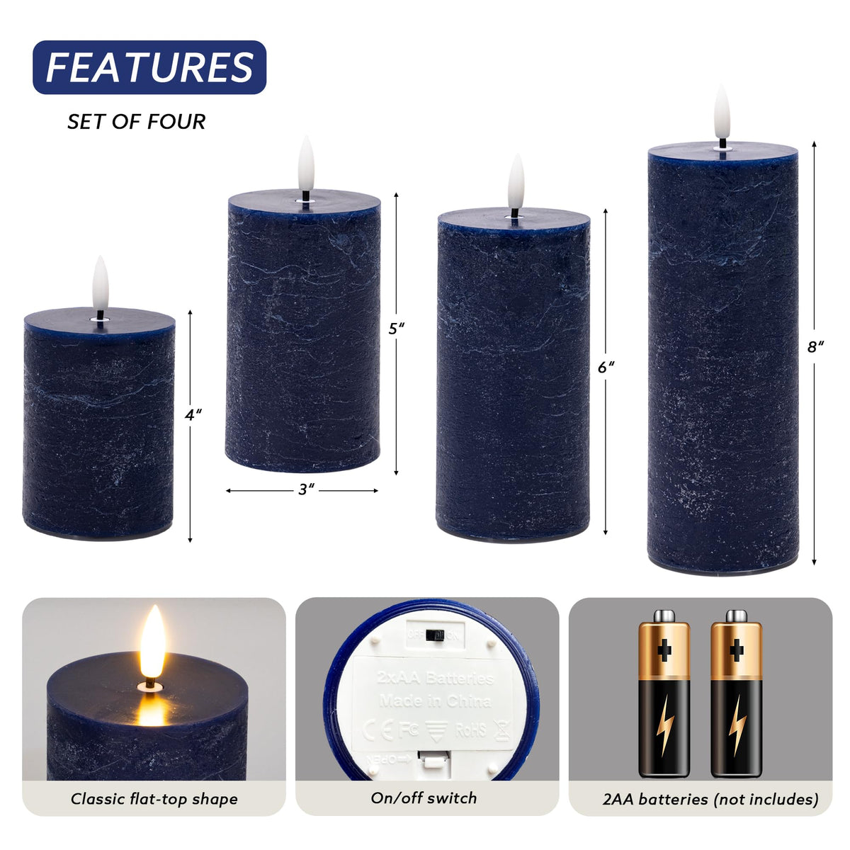 AFINETH Blue Flameless Pillar Candles, Battery Operated Candles with Remote, Real Wax Flickering LED Candles for Home Party Wedding Holiday Decor, Set of 4, Φ 3" H 4" 5" 6" 8"