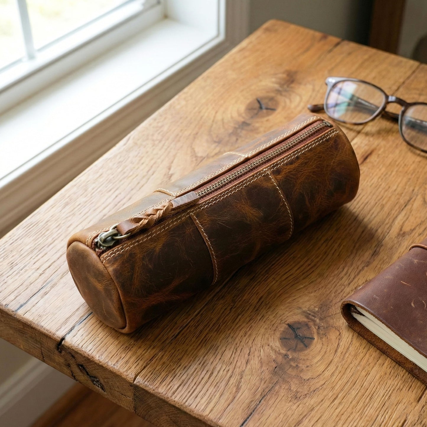 LEATHER TOWN Leather Pencil Case - Full Grain Leather Zippered Pen Pouch - Bag Pen Holder for Work & Office (Brown)