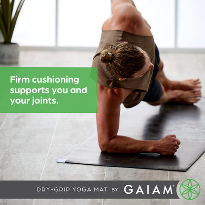 Gaiam Dry-Grip Yoga Mat - 5mm Thick Non-Slip Exercise & Fitness Mat for Standard or Hot Yoga, Pilates and Floor Workouts - Cushioned Support, Non-Slip Coat - 68 x 24 Inches - Black