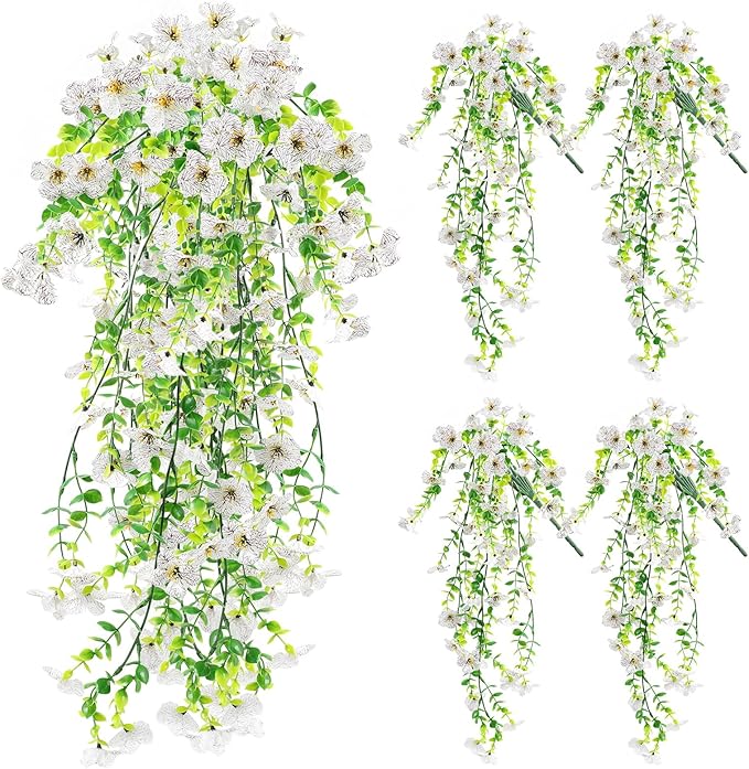 Artificial Fake Hanging Flowers Plants for Outdoor Spring Summer Decoration, 4pcs Faux Silk Realistic UV Sun Resistant Daisy for Outside Porch Patio Window Box Yard Home Decor (White)