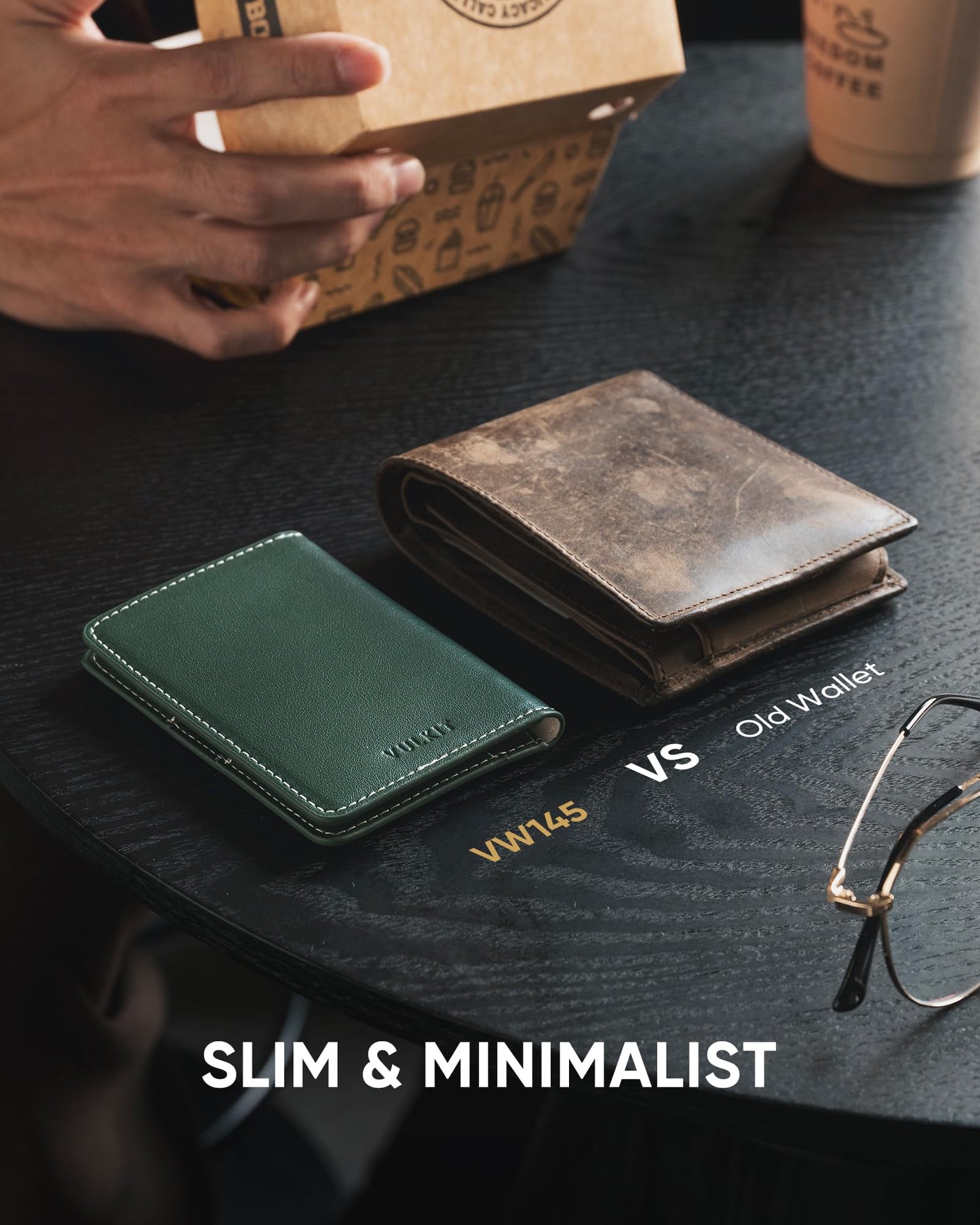 VULKIT Leather Slim Bifold Credit Card Holder for Max 8 Cards, Green
