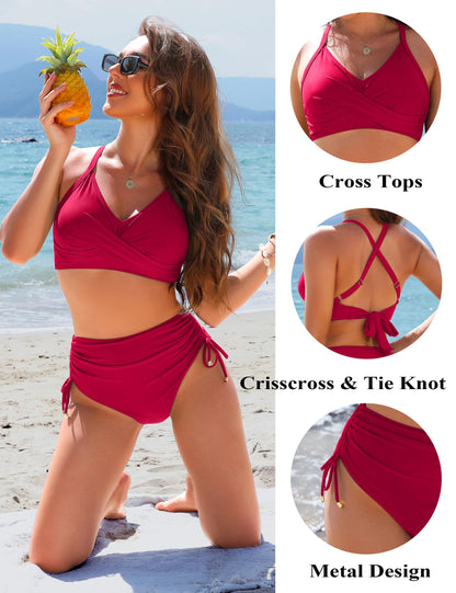 Blooming Jelly Womens High Waisted Bikini Sets Cross Tummy Control Swimsuits Tie Back Swim Suit (Small, Red)