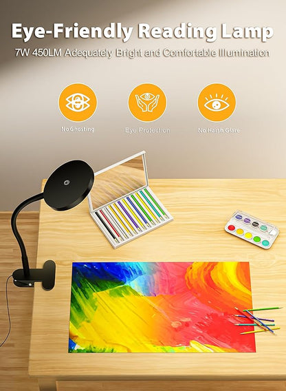 deeloop Clip on Light Infinite Dimmable Reading Lights for Books in Bed Headboard, 450LM Touch Control Clip Reading Lamp, Eye Care 3 Color Temperature Flexible Gooseneck for Bedside Night Light Black