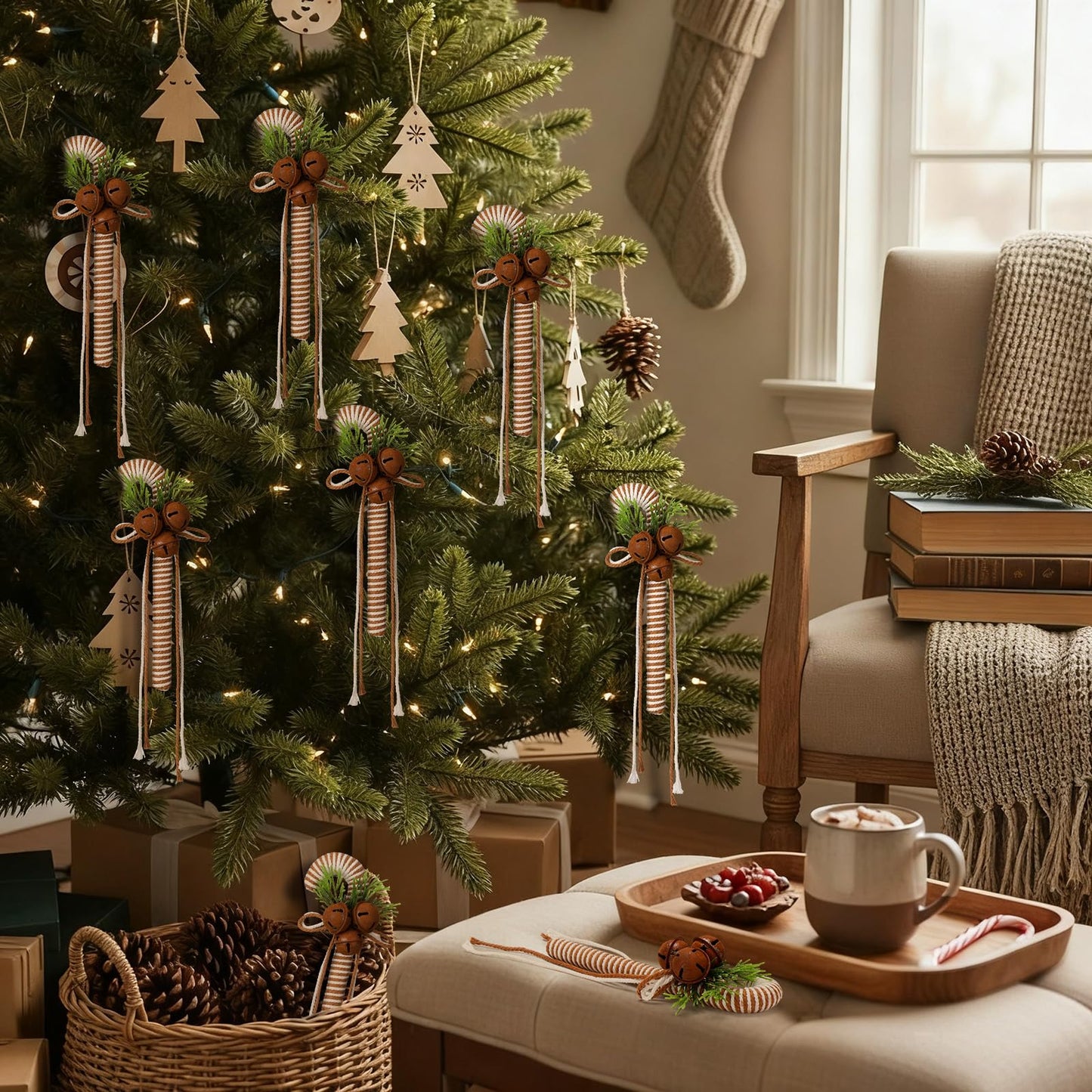 Simgoing 6 Pcs Beige Rustic Christmas Candy Cane Ornaments 7 Inch Burlap Wrapped Farmhouse Candy Cane Christmas Tree Hanging Decoration with Bells for Home Xmas Crafts Party Decoration