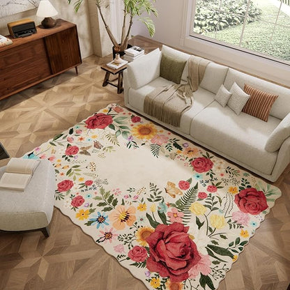 Washable Rugs for Living Room: 6x9 Area Rugs for Bedroom Soft Ultra Thin Stain Resistant Non Slip Low Pile Lightweight Vintage Floral Carpet for Dining Room Decor (Beige)
