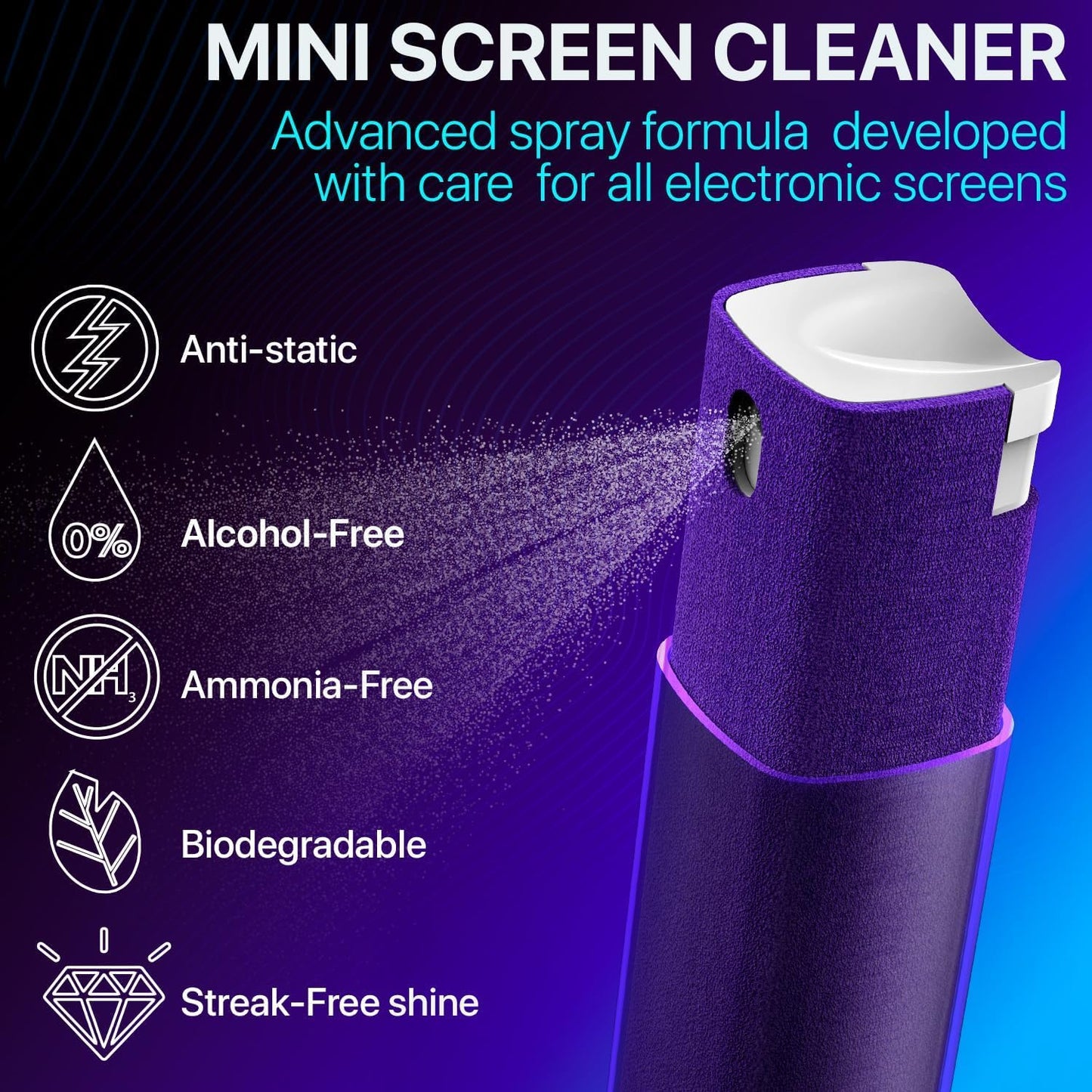 Mini Screen Cleaner Spray – Finger Proof Screen Cleaner for Smartphones, iPads, MacBooks, Laptops, Car Screens, Touchscreens – 3 in1 Mist Cleaner, Microfiber Cloth and Protective Cover (Grey)