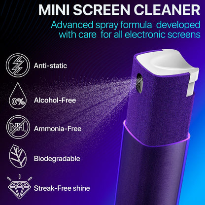 Mini Screen Cleaner Spray – Finger Proof Screen Cleaner for Smartphones, iPads, MacBooks, Laptops, Car Screens, Touchscreens – 3 in1 Mist Cleaner, Microfiber Cloth and Protective Cover (Grey)