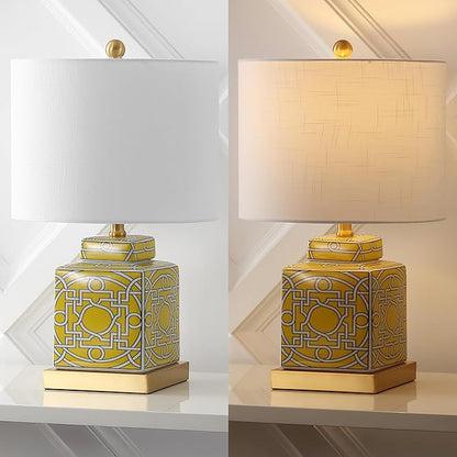 JONATHAN Y JYL3044C Catherine 22" Modern Transitional Ceramic/Metal Square Ginger Jar LED Table Lamp, Yellow/White for Bedroom, Living Room, Office, College