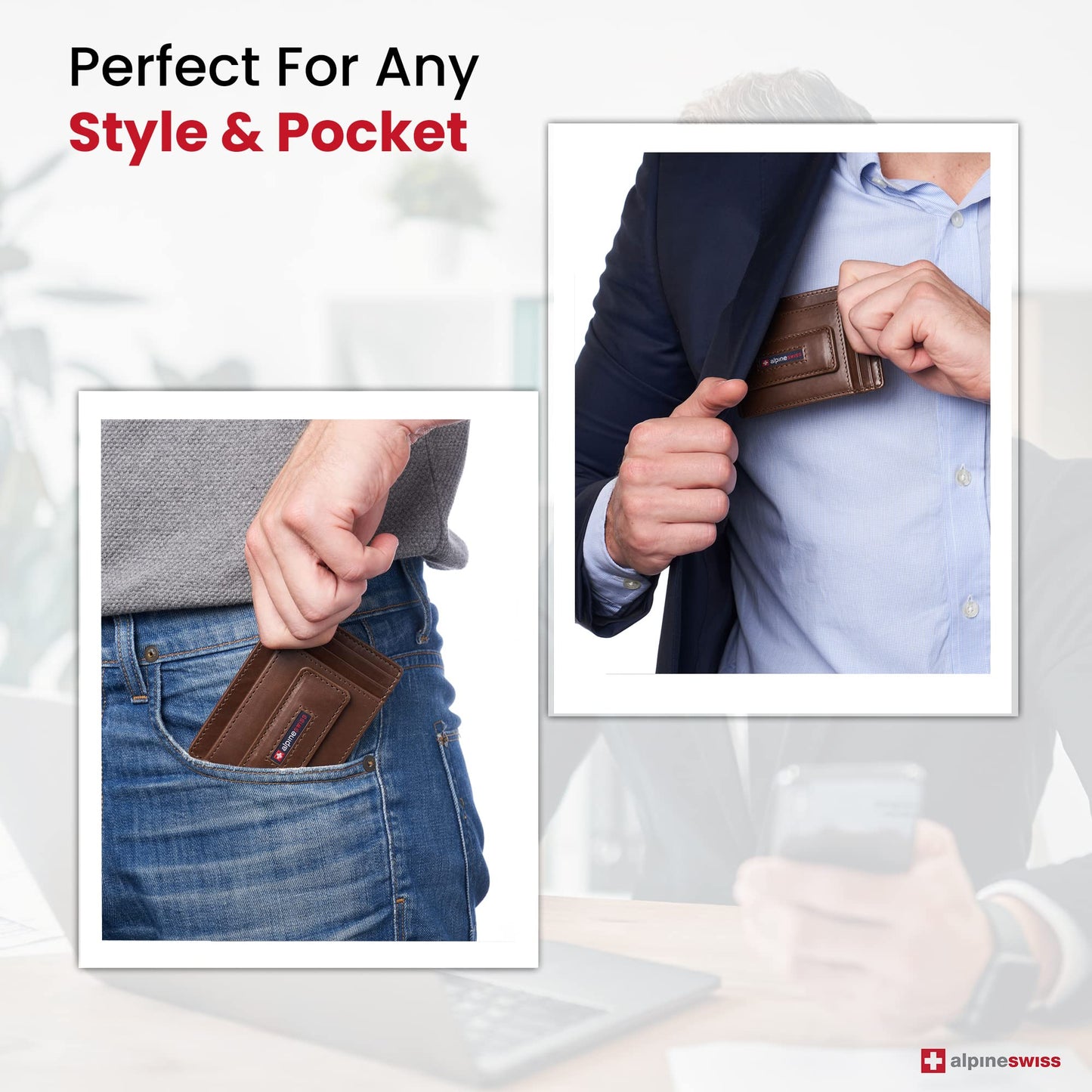 Alpine Swiss Harper Mens RFID Slim Front Pocket Wallet Magnetic Money Clip ID Card Holder Leather Glossy Nappa Brown