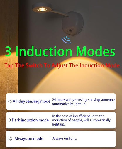 2200mAh Cat's Eye Bulb Motion Sensor Picture Light, LED Wall Sconce, Spotlight Painting Night Lamp, Rechargeable Battery Operated 3 Color & Dimmable 360° Rotation (White, 2 Pcs)