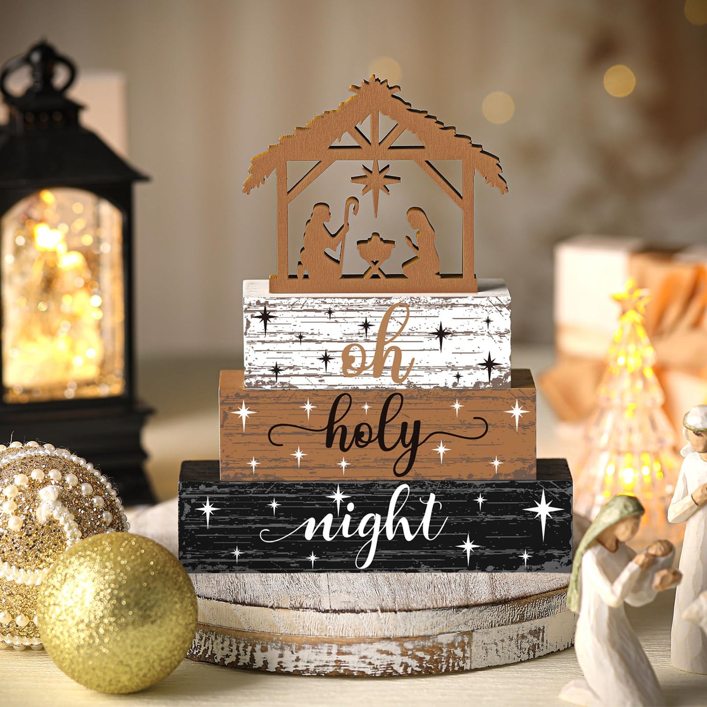 Geelin 4 Pieces Christmas Nativity Scene Table Decorations Xmas Wooden Silent Night Block Signs Holy Night Tabletop Centerpieces Farmhouse Tiered Tray Decor for Home Table Kitchen Shelf