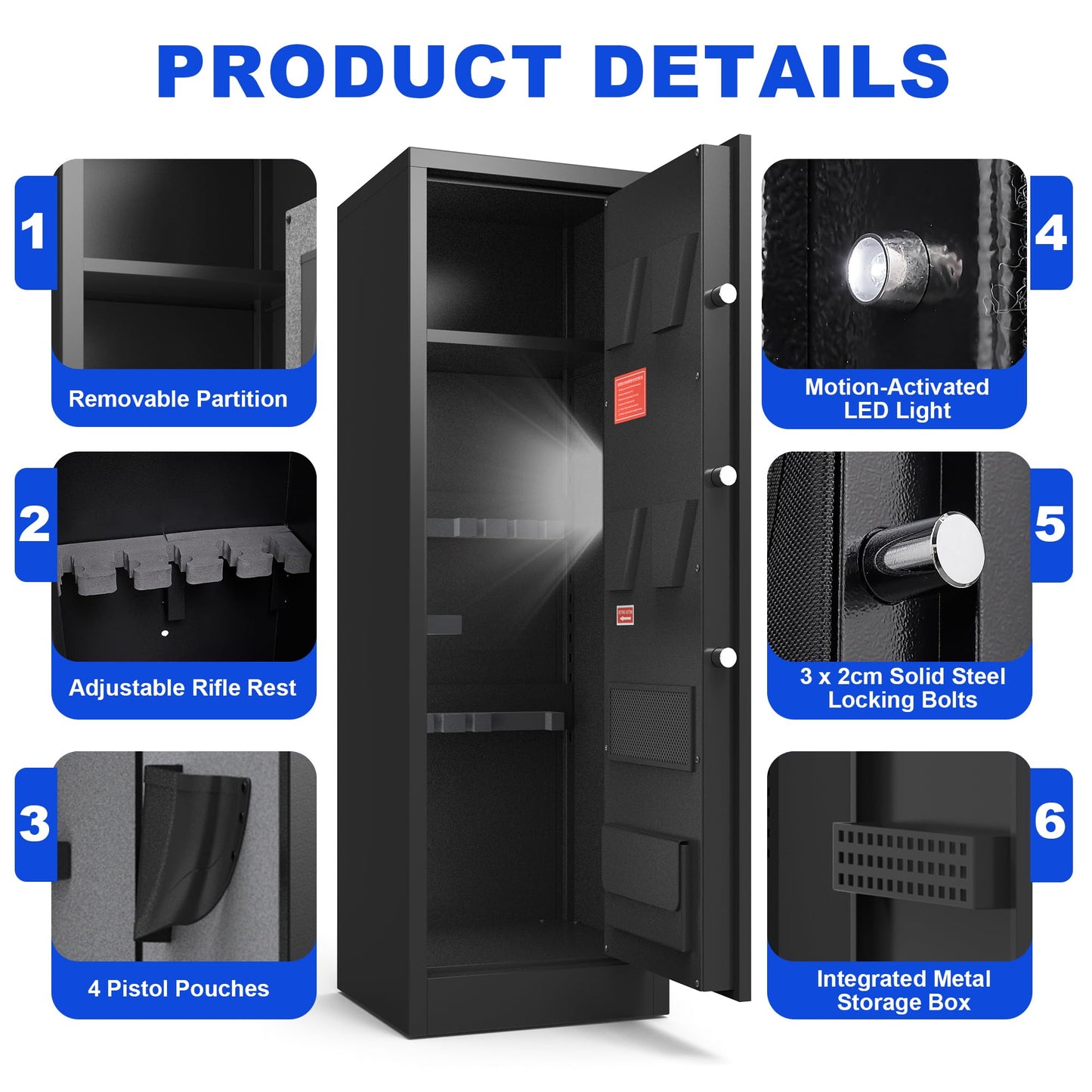 Marcree 8-10 Gun Safe, Large Gun Safes for Rifle & Pistol Storage, Quick Access Rifle Safe, Gun Cabinets for Rifles and Shotguns, Adjustable Shelves, Long Gun Safe with Dual Alarm & Mute Mode