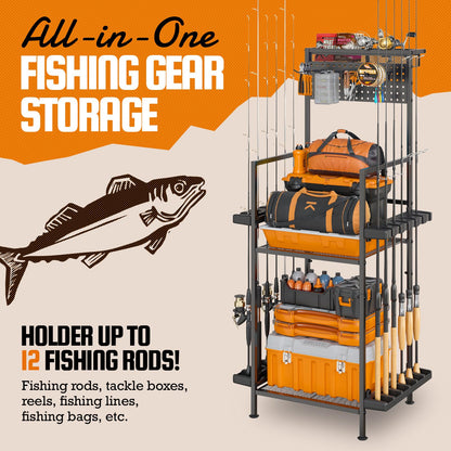 YQSLYSF Fishing Rod Holders for Garage with Pegboard & Metal Mesh Basket, Fishing Rod Storage Rack, Vertical Fishing Pole Holder for Up to 12 Poles, Tackle Gear Organizer