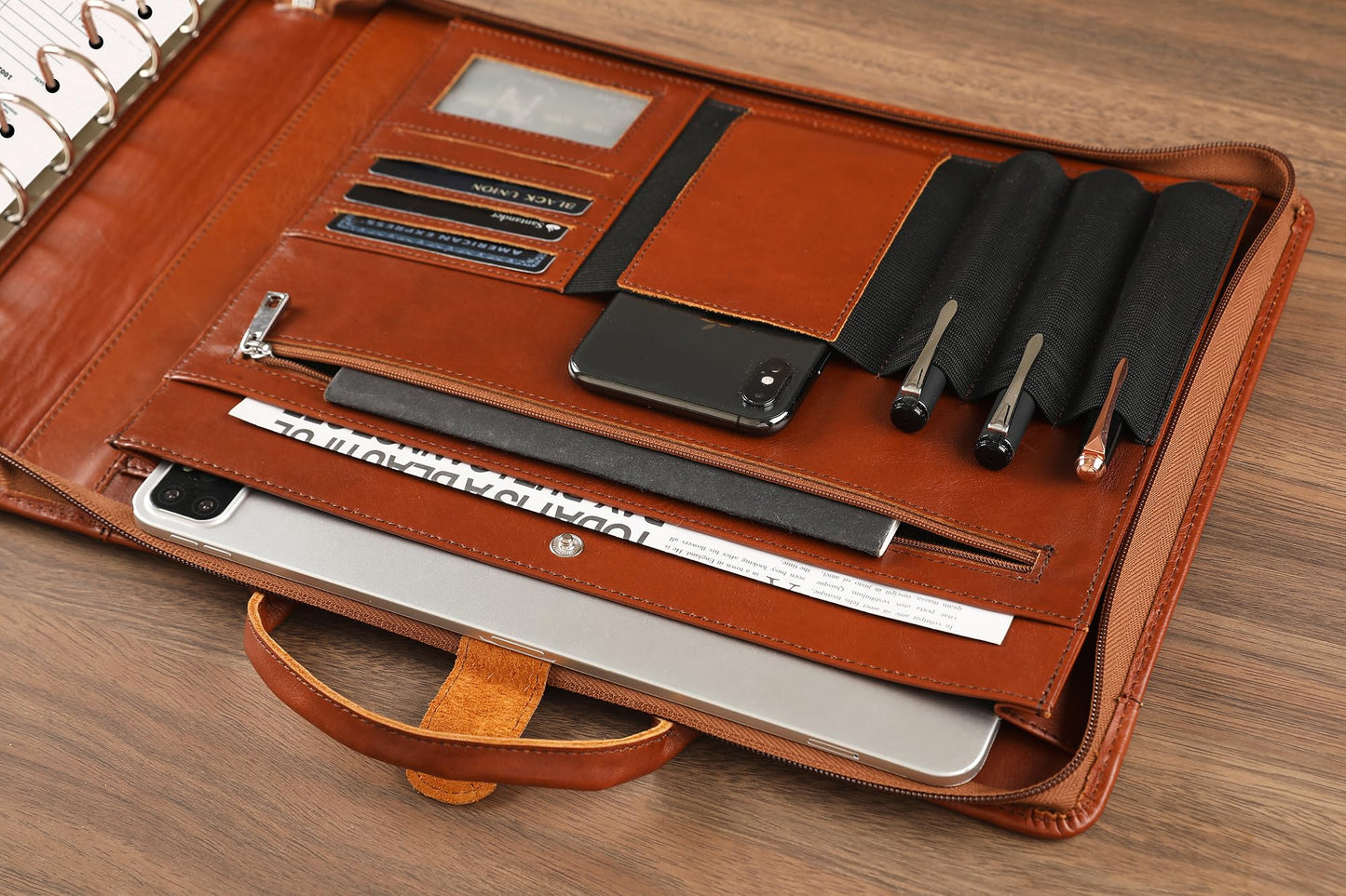 Handmade Leather Business Checkbook Binder - 7 Ring Check Binder with Handle, Check Holder Checkbooks for Business Checks for 3 Per Page 600 Checks Capacity for 9 x 13 inch Sheets, Oil Brown