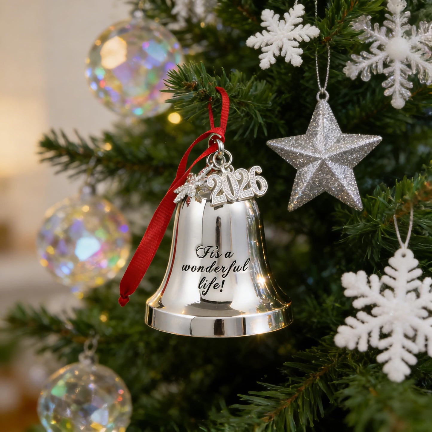 JUPPE It's a Wonderful Life Silver Bell Christmas Ornament, 3 Inch Metal Holiday Tree Decoration with Snowflake Topper, 2026 Charm and Red Ribbon (Silver)