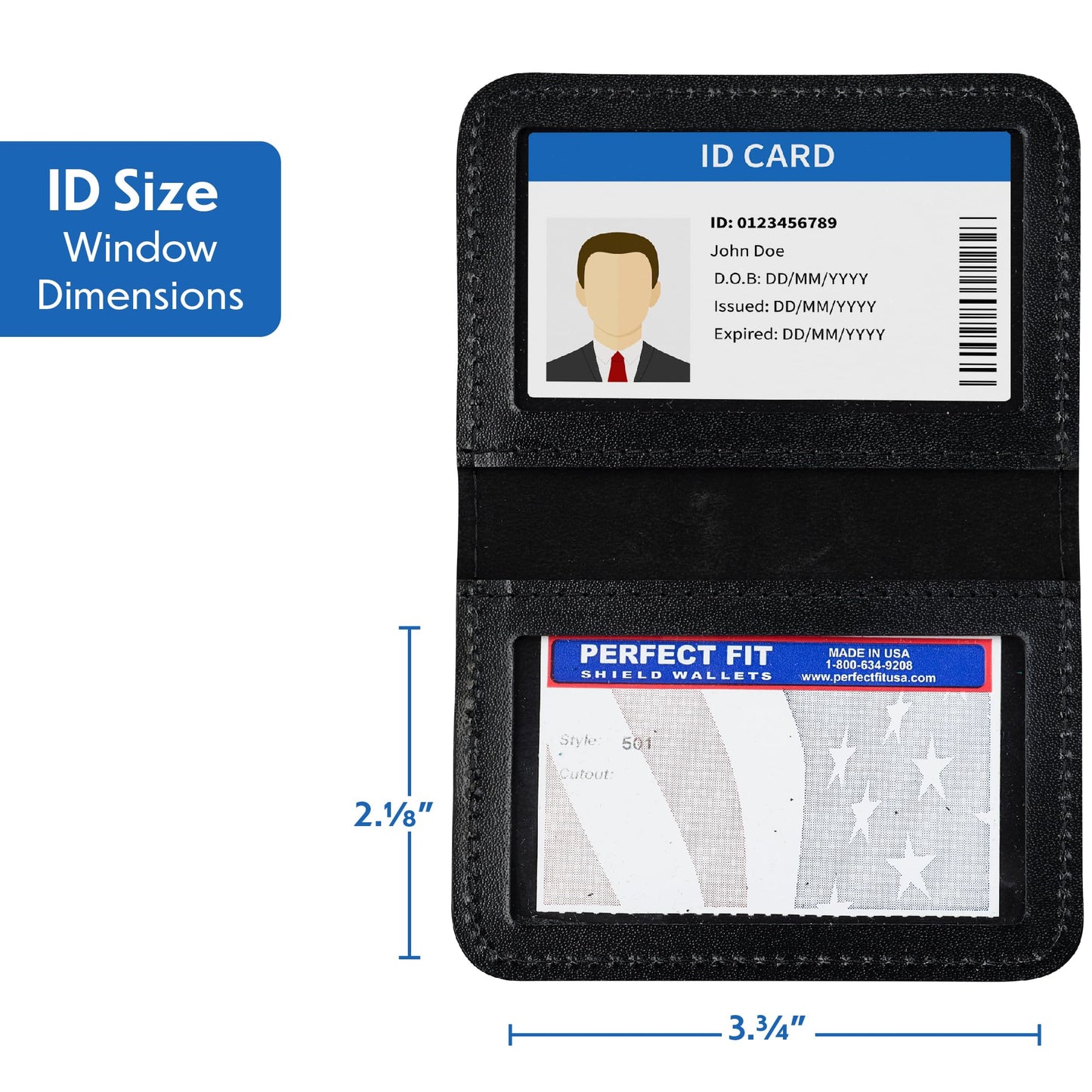 Perfect Fit Shield Wallets 2 ID Leather License Holder Bifold Double I.D. Credit Card Gun Permit Standard Card Size Slim Wallet (Black)