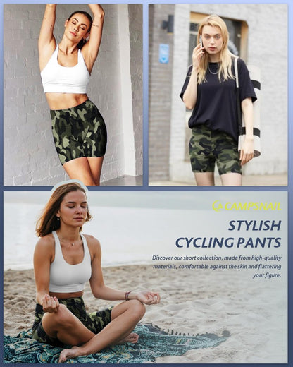 CAMPSNAIL Biker Shorts Women with Pockets - 3"/5"/8" High Waisted Workout Spandex Tummy Control Gym Running Yoga Shorts Green Camo