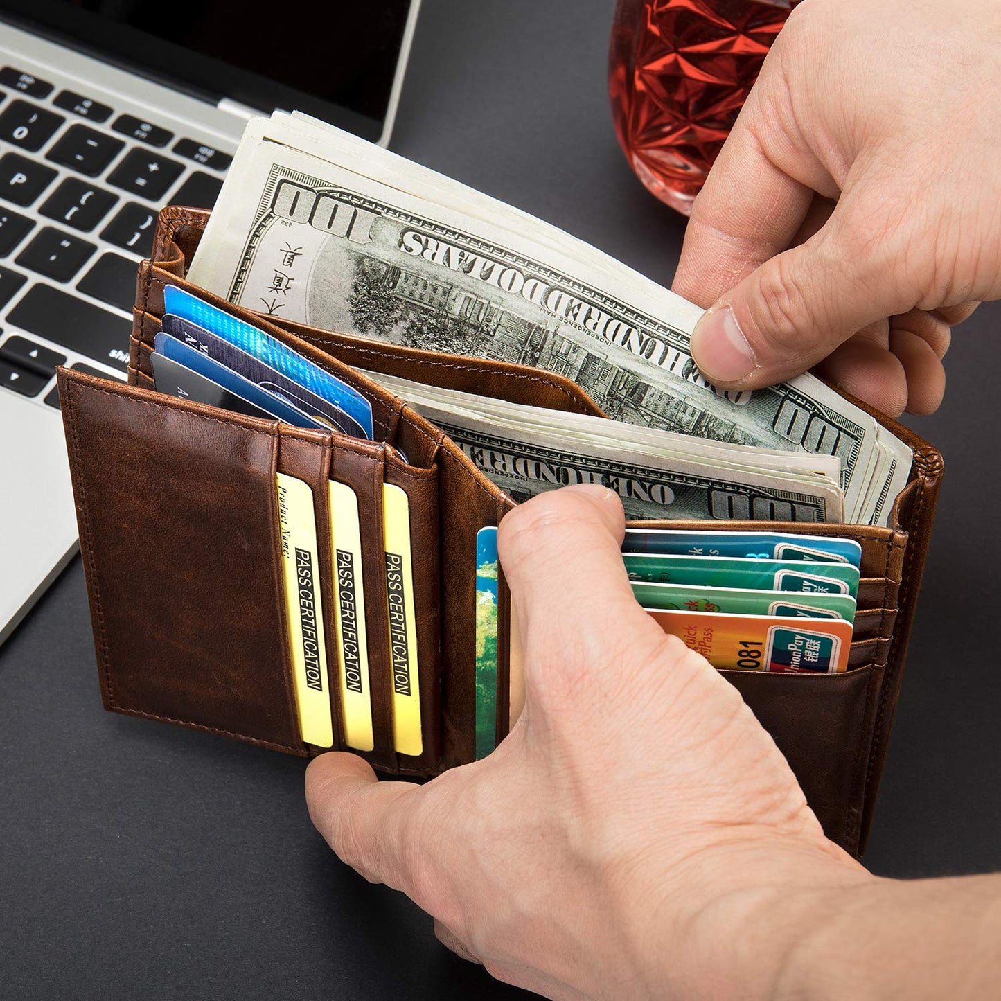 Plinvo Men's Extra Large RFID Blocking Bifold Wallet Genuine Leather Vertical Design 16 Card Slots with ID Window (Coffee)