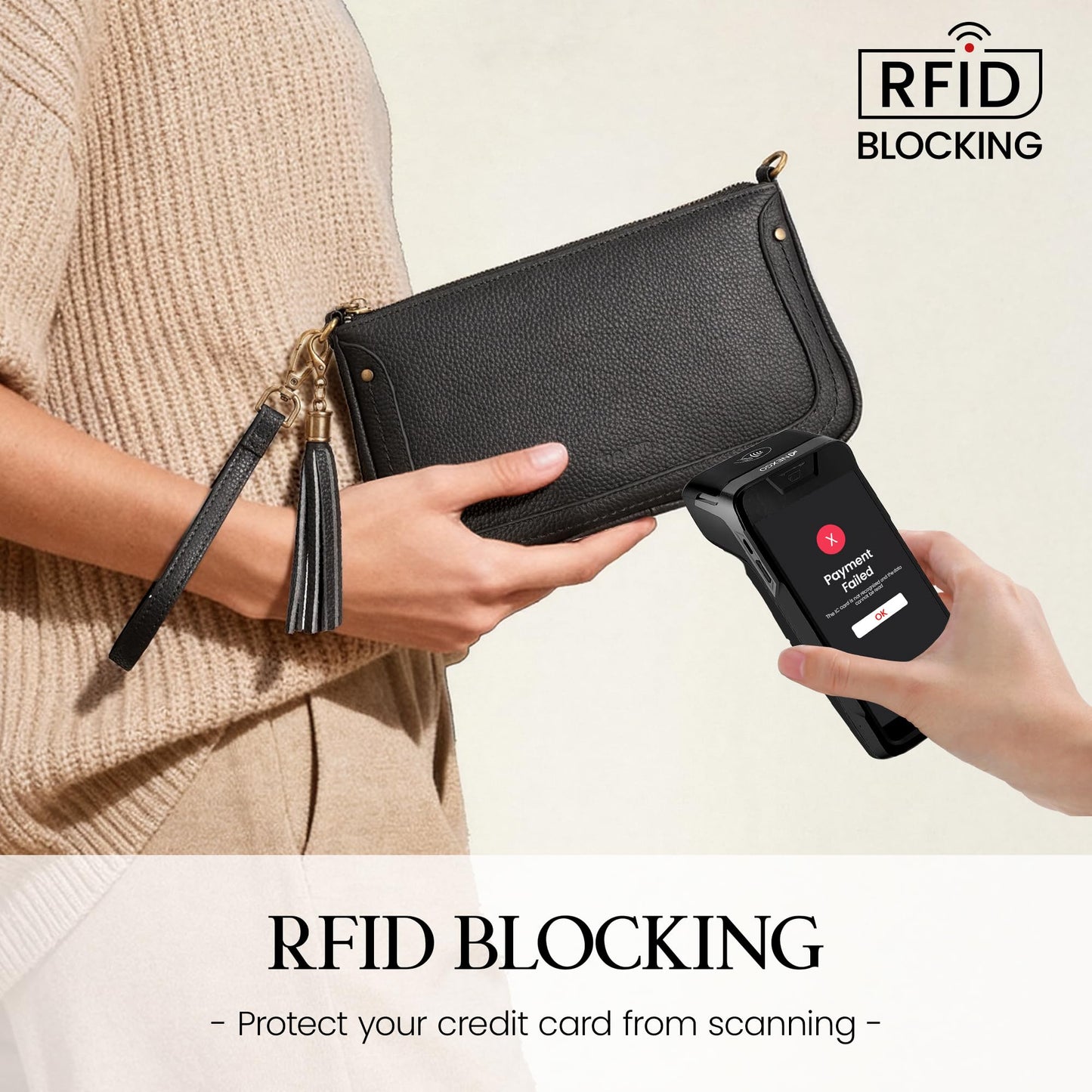 befen Genuine Leather Wristlet Wallets for Women, Black Cell Phone Purse with Built in Wallet Soft Real Leather Crossbody Bag with RFID Blocking Small Cluth Purses with Wrist and Crossbody Strap