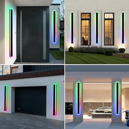 MELUCEE 2pcs 60in Long RGB Outdoor Wall Light Fixture, 5.1in Wide Dimmable Exterior Wall Lights IP65 Waterproof for Garage and Front Door, Long Outdoor Wall Sconce Black LED Outdoor Entrance Lighting