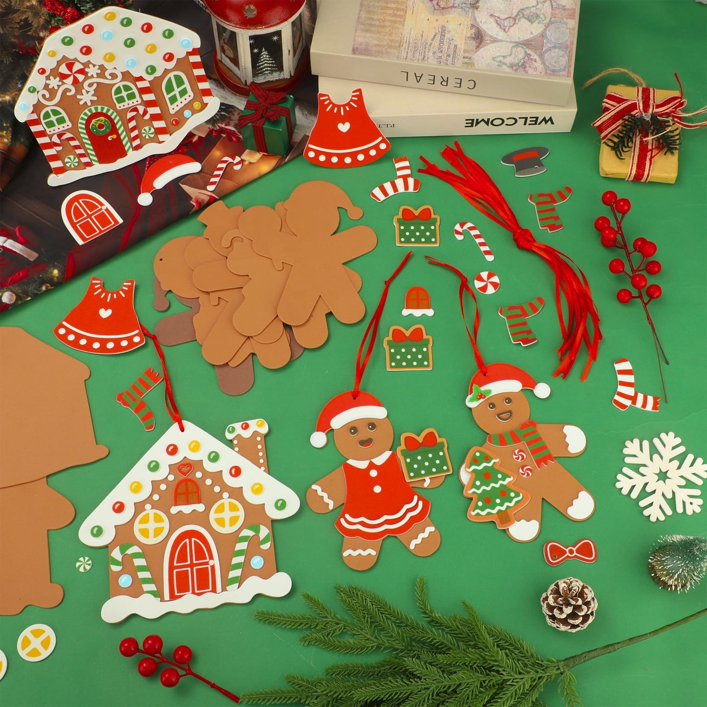 24 Sets Gingerbread Foam Craft Kit DIY Christmas Arts and Crafts for Kids Make Your Own Gingerbread Man and House Ornaments with Self Adhesive Sticker for Xmas Tree Holiday Home Classroom Party Decor