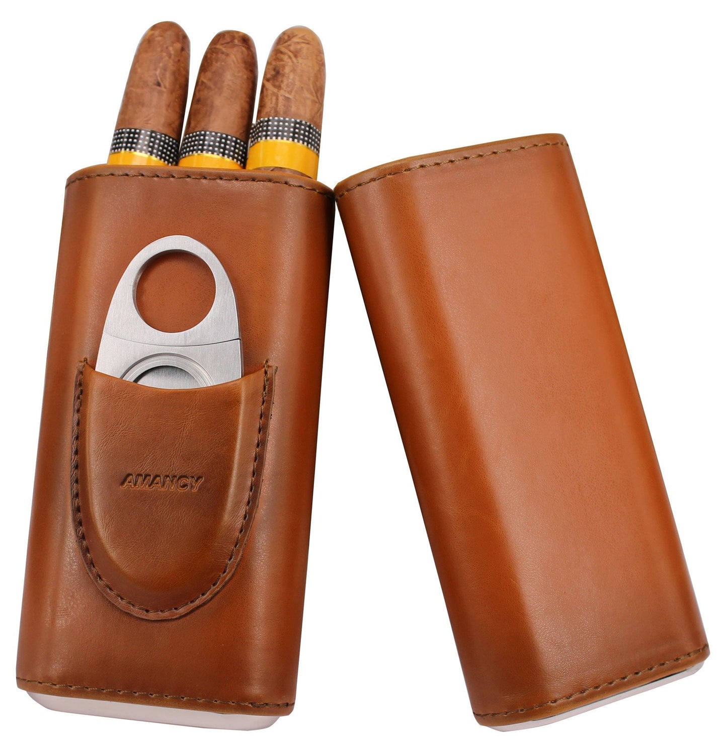 AMANCY Premium 3- Finger Brown Leather Cigar Case, Cedar Wood Lined Cigar Humidor with Silver Stainless Steel Cutter