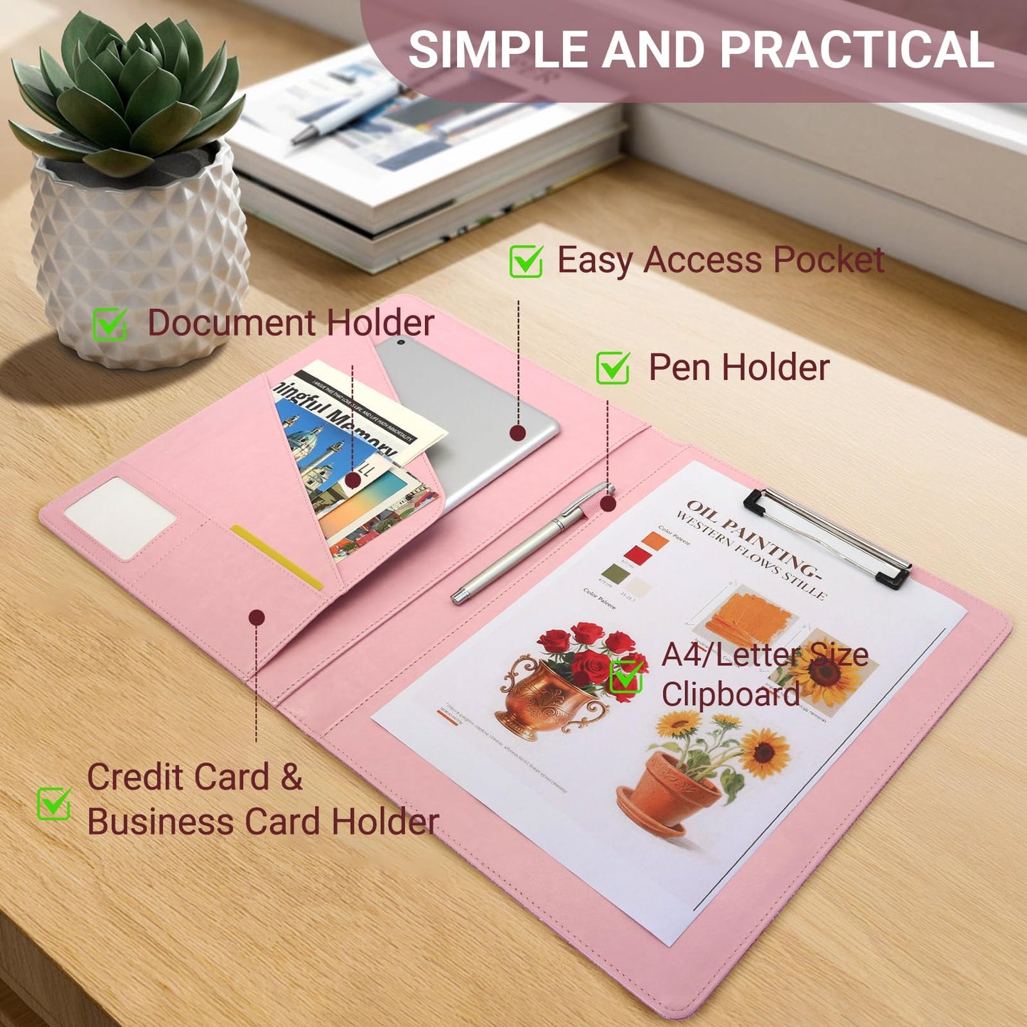 FORTAVEM Professional Portfolio Binder, Faux Leather Padfolio for Resume, Note-Taking & Meetings, A4 Letter Writing Pad Holder for Women & Men, Pink