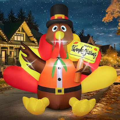 FunFanso 6 FT Thanksgiving Inflatable Turkey Outdoor Decoration, Blow Up Turkey with Pilgrim Hat and Colorful Tail, Holding Happy Thanksgiving Sign, Built-in LED Light for Autumn Holiday Harvest Party