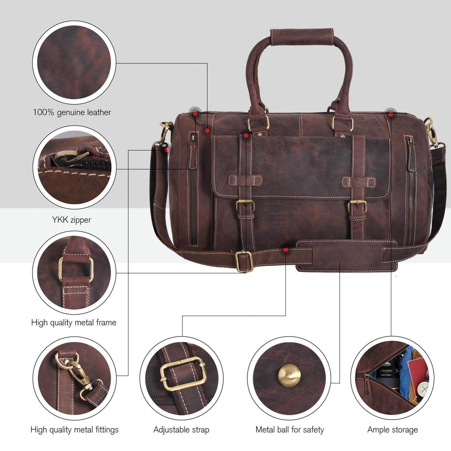 Genuine Leather Duffle Bag for Men | Vintage Weekender Travel Bag | Overnight Carry-On Luggage | Handmade Leather Gym Bag for Men