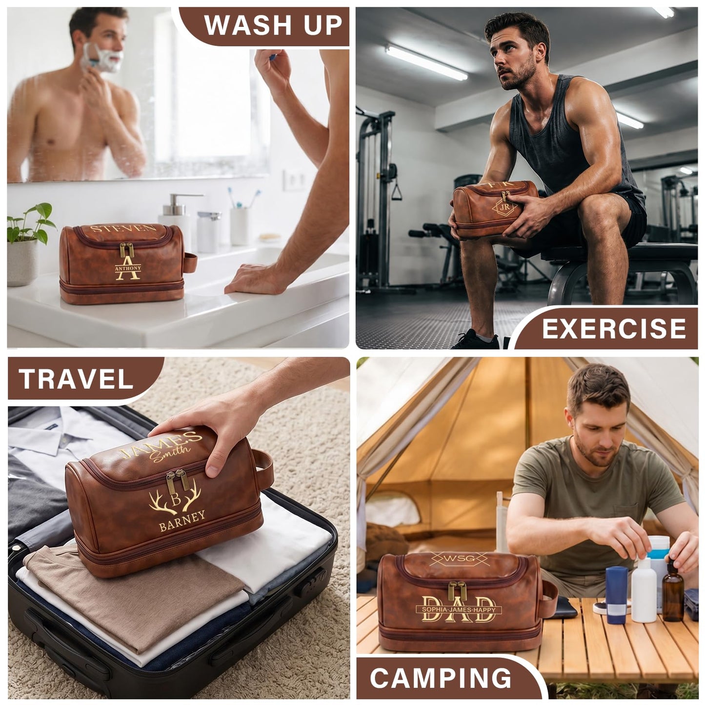 Personalized Toiletry Bag for Men, Engraved Name & Text, Father's Day Birthday Gifts for Men, Dad, Leather Men's Toiletry Bag for Traveling, Customized Birthday Gifts for Husband, Grandpa, Lover