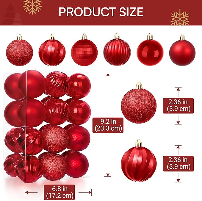 Joiedomi 24 Pcs Red Christmas Balls Ornaments Set, 2.36" Christmas Tree Ornaments Shatterproof, Xmas Balls Hanging Decorations for Tree Wreath Garland Holiday Wedding Indoor Party Decor
