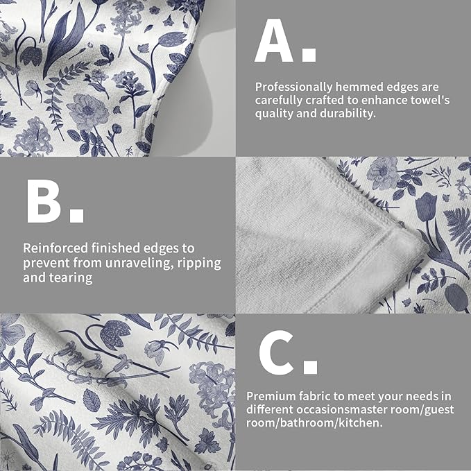 Spring Floral Hand Towels for Bathroom Set of 2 Blue White Flower Leaves