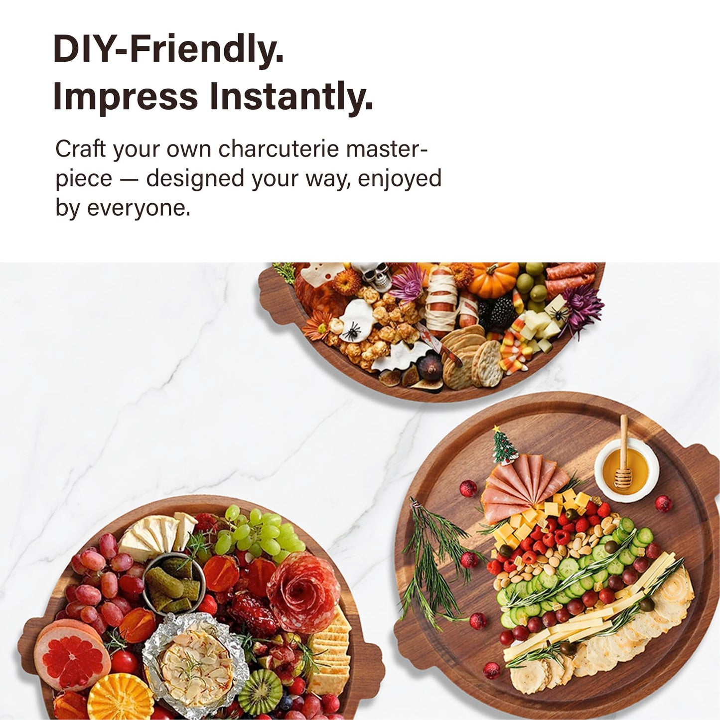Charcuterie Board | Acacia Wood Serving Tray with Handles 13'' | Round Decorative Ottoman Coffee Table Tray | Circular Wooden Cheese Board Serving Platter for Party Supplies | Includes 1 Board