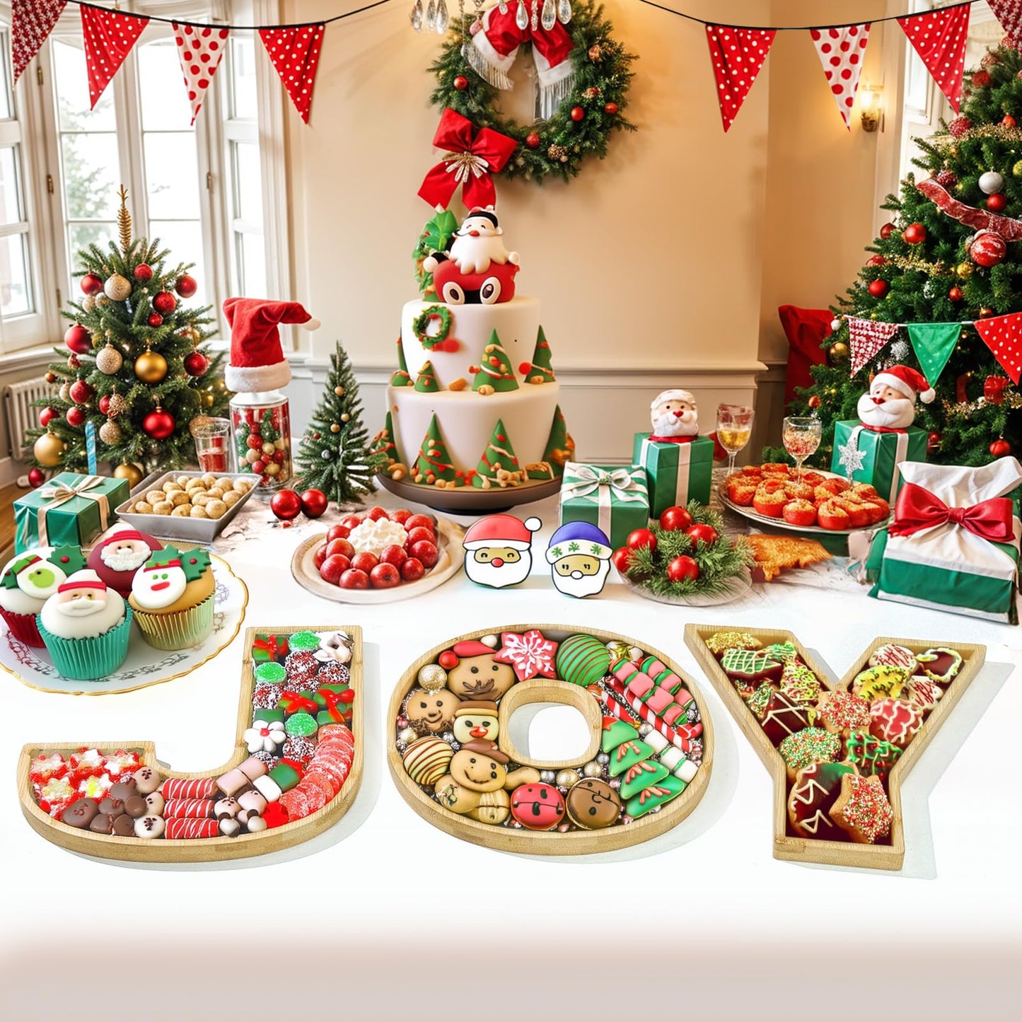 OurWarm 3Pcs Christmas Charcuterie Board, JOY Bamboo Appetizer Serving Platter, Large Candy Dish Snack Platters, Gift Ideas for Housewarming Party
