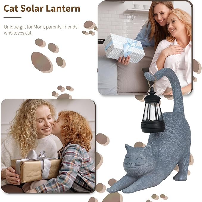 Solar Garden Statues Cat Figurine, Solar Yard Decorations Lawn Ornaments Yard Art Porch Patio Balcony, Cute Housewarming Gifts and Cute Birthday Gifts for Women Mom Grandma