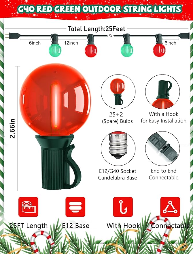 25Ft LED Christmas Outdoor String Lights, G40 Globe Lights with 27 0.6W Clear Multicolor Bulbs, Vintage Christmas Lights for Holiday Party Backyard Wedding Garden Patio Porch Decor, Green Wire