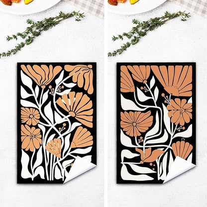 Abstract Boho Black and Beige Brown Floral Kitchen Towels Set of 2, 70s Retro