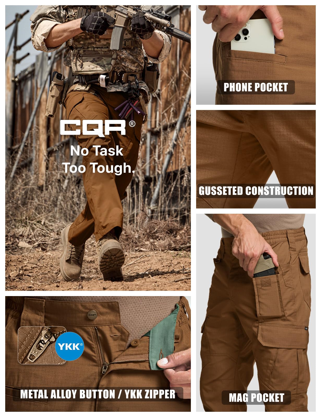 CQR Men's Tactical Pants, Water Resistant Ripstop Cargo Pants, Lightweight EDC Work Hiking Pants, Outdoor Apparel, Duratex Mag Pocket Copper Brown, 44W x 30L